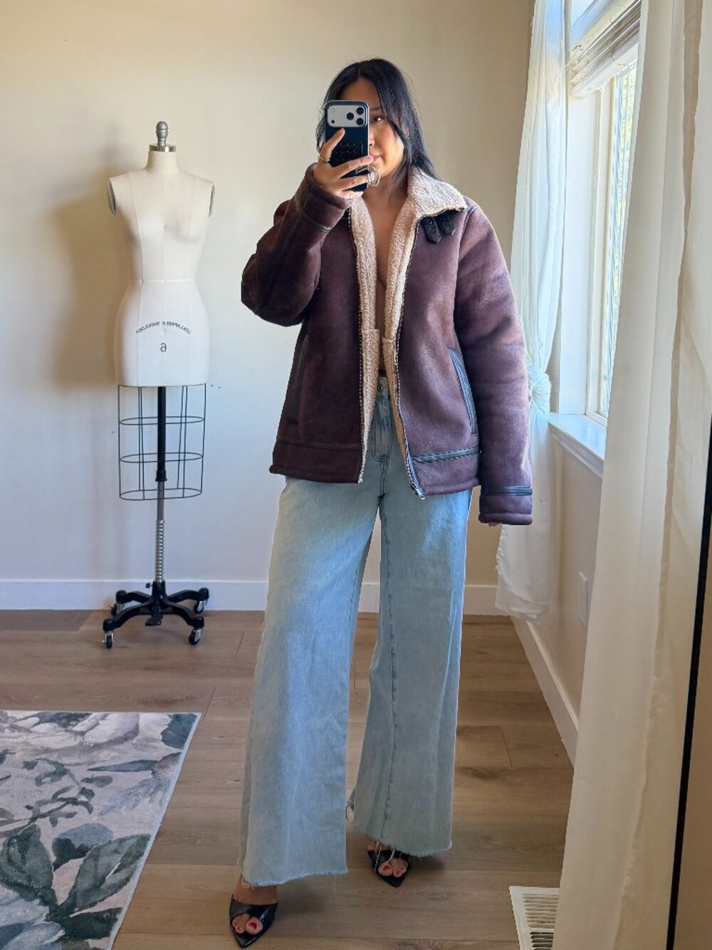 Shearling Moto Jacket Women | Burgundy Aviator Coat | Faux Sherpa Lined Zip Up L